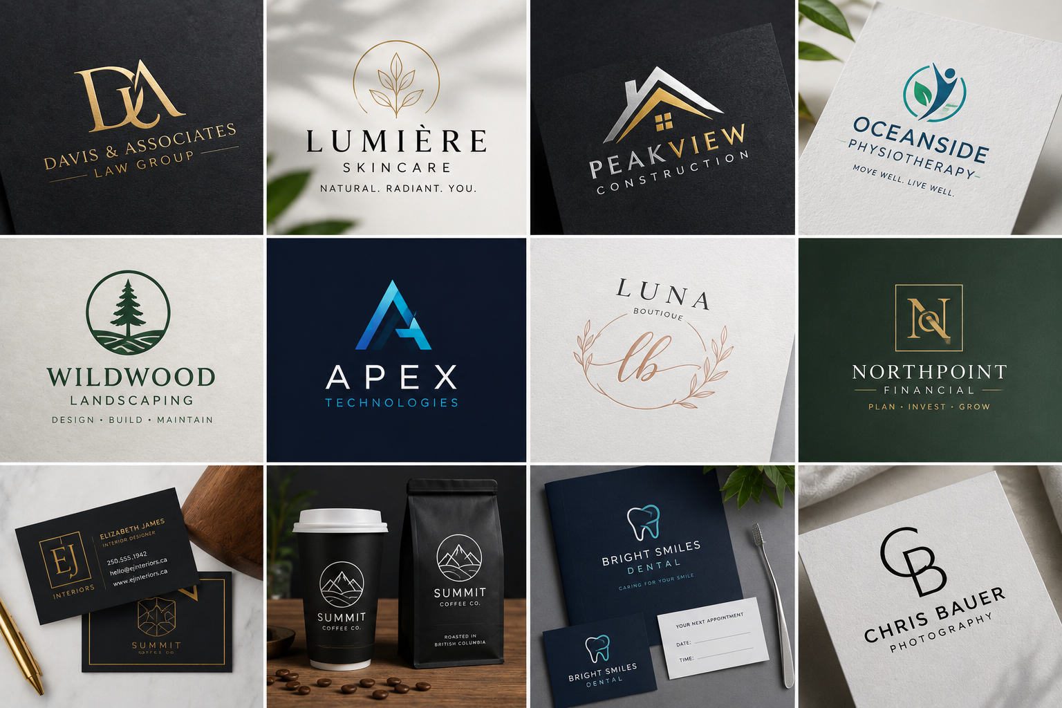 Logo Design - Elite Image Collage of 12 professional logos on different backgrounds, representing law, skincare, construction, physiotherapy, landscaping, tech, fashion, finance, coffee, dental, photography, and interior design firms.