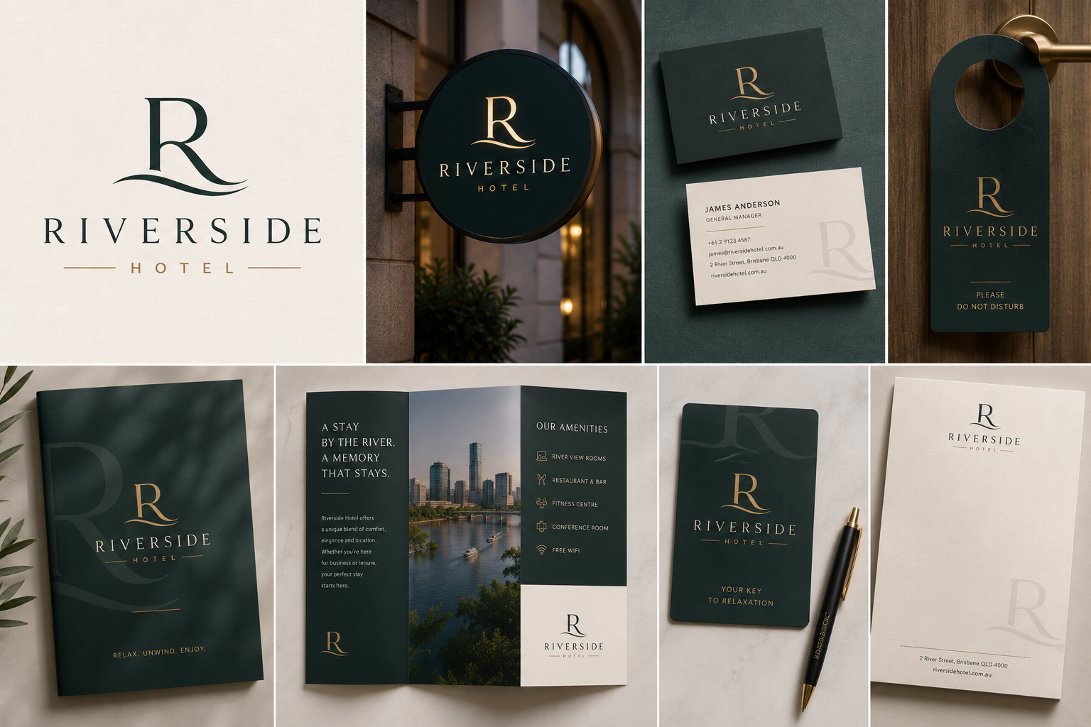 Logo Design_7 - Elite Image Branding collage for Riverside Hotel including logo, sign, business cards, door hanger, brochures, and key card set.